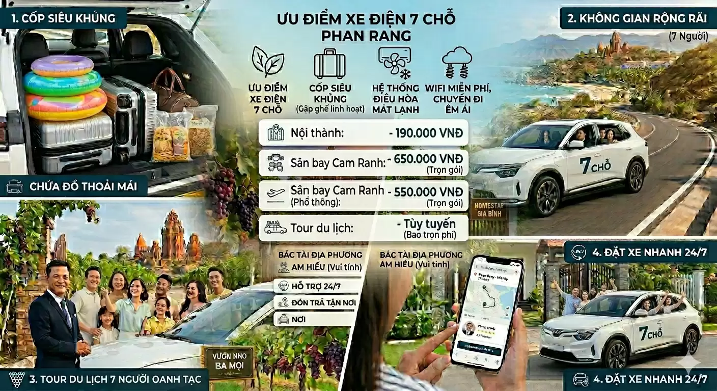 Đặt Thuê Xe 7 Chỗ Phan Rang – Xe Điện Đời Mới Giá Rẻ Re