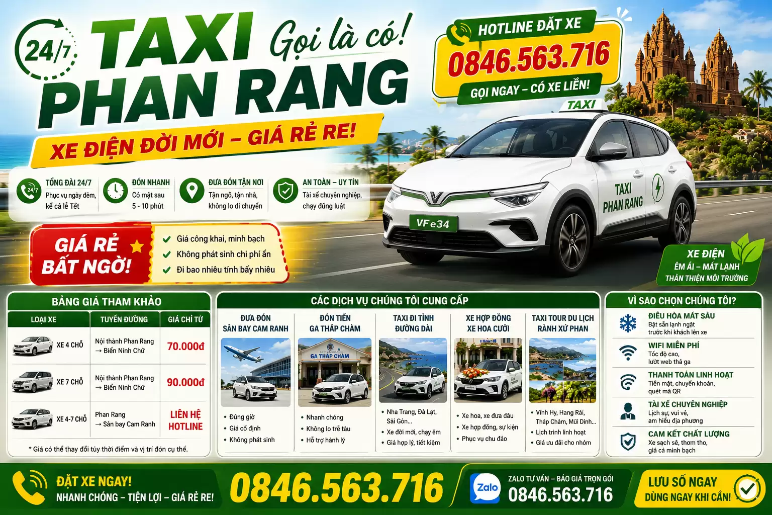Taxi Phan Rang 24/7: Gọi Là Có, Xe Điện Đời Mới, Giá Rẻ Re