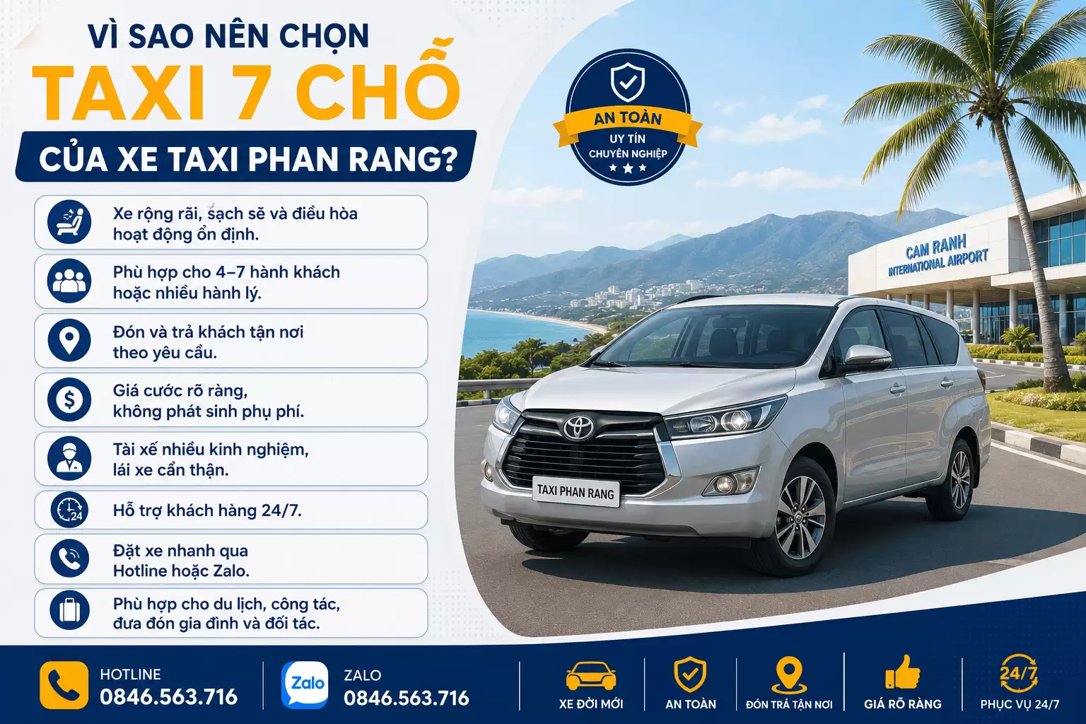 Taxi 7 Chỗ Cam Ranh Phan Rang – Không Gian Rộng Rãi, Di Chuyển An Toàn, Phục Vụ 24/7