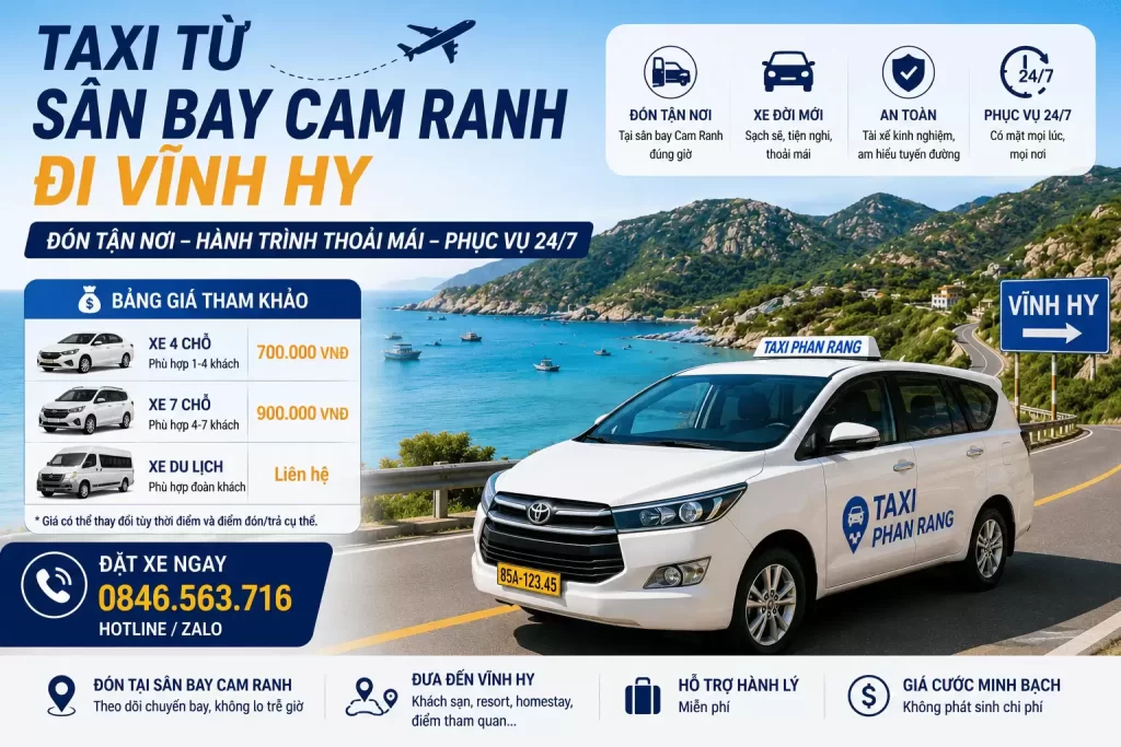 Taxi Từ Sân Bay Cam Ranh Đi Vĩnh Hy – Đón Tận Nơi, Hành Trình Thoải Mái, Phục Vụ 24/7